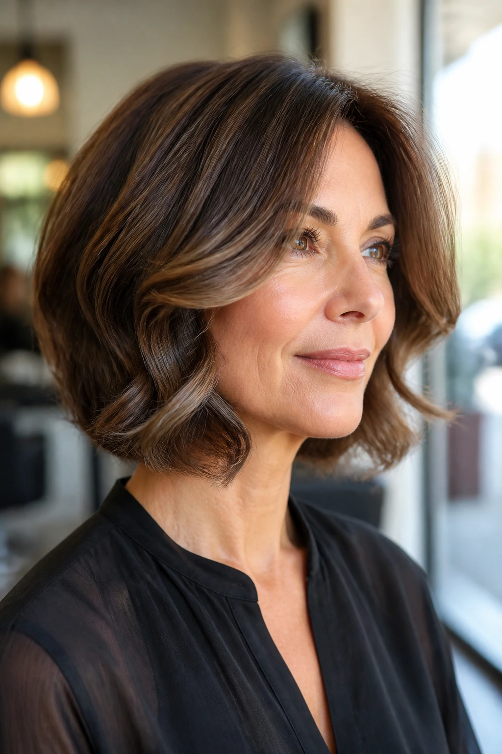 Close-up of a real woman with a glossy wavy bob and internal layers in salon window light