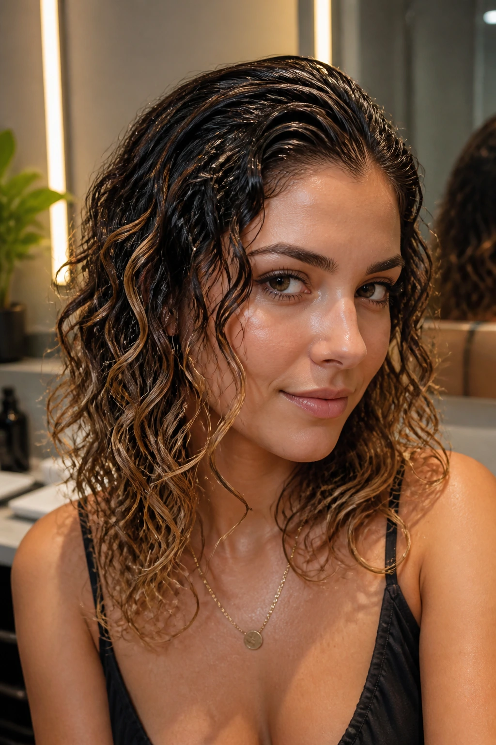 Close-up of a real woman with a glossy wet-root finish on the crown and textured lengths