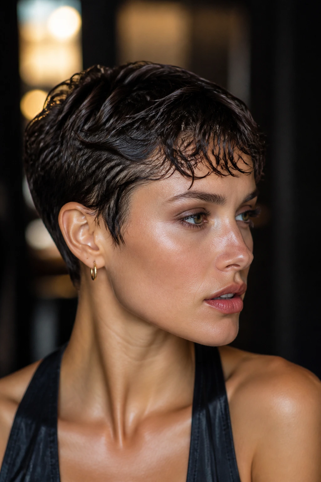 Close-up of a real person with glossy wet waves on a short crop