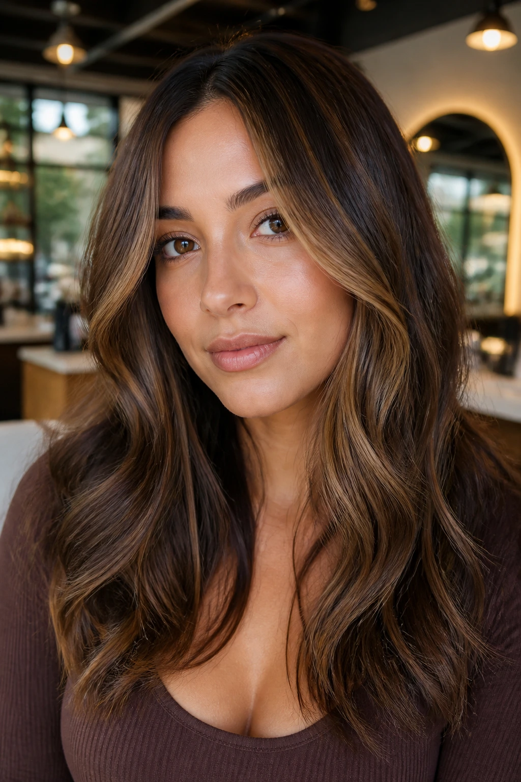 Close-up portrait of a real woman with glossy brunette hair and caramel face-framing highlights under warm window light