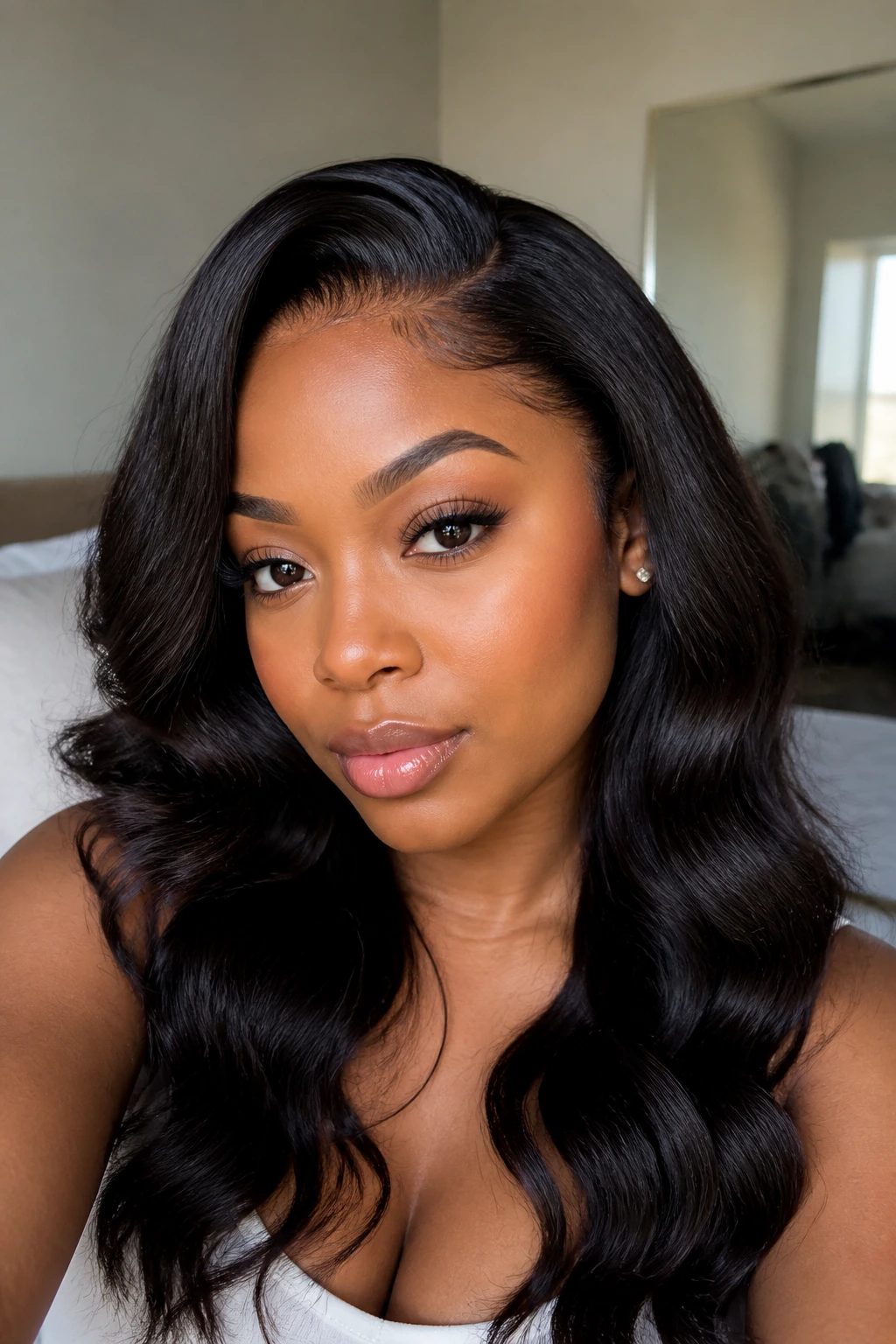 Close-up of a real woman wearing glueless closure waves with a clean part