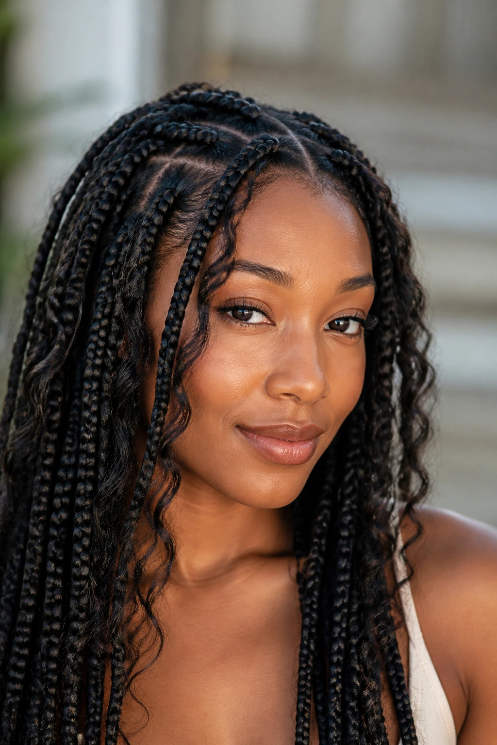 Real person with goddess box braids and loose wave pieces