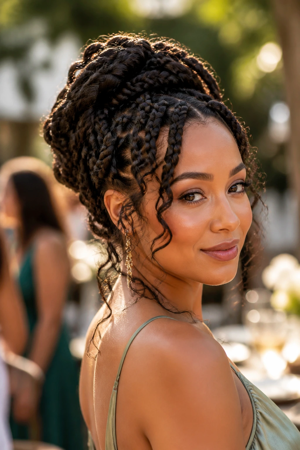 Close-up of a real woman with a goddess braid updo, curls around the face.