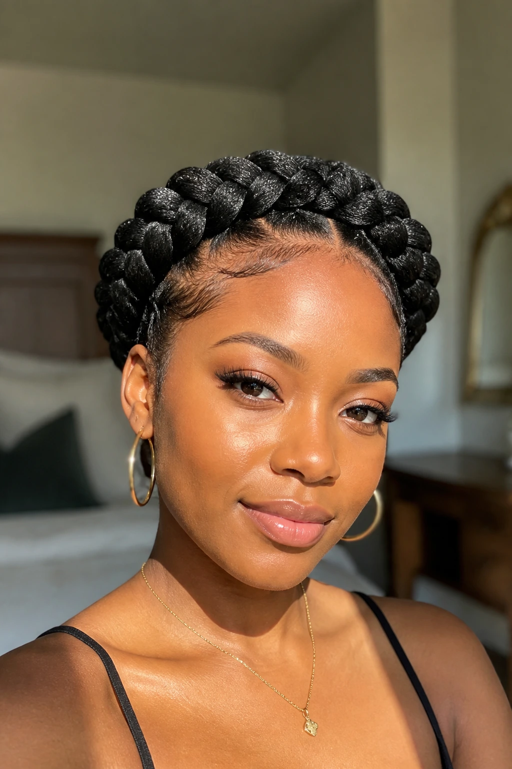 Close-up portrait of a real person with thick goddess braids forming a crown
