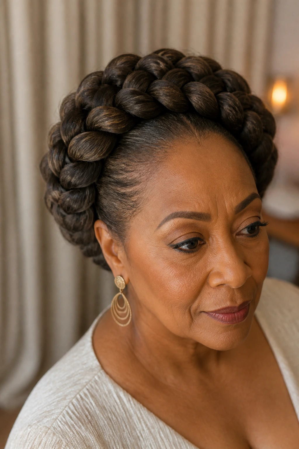 Real woman wearing a goddess braid crown around the head.