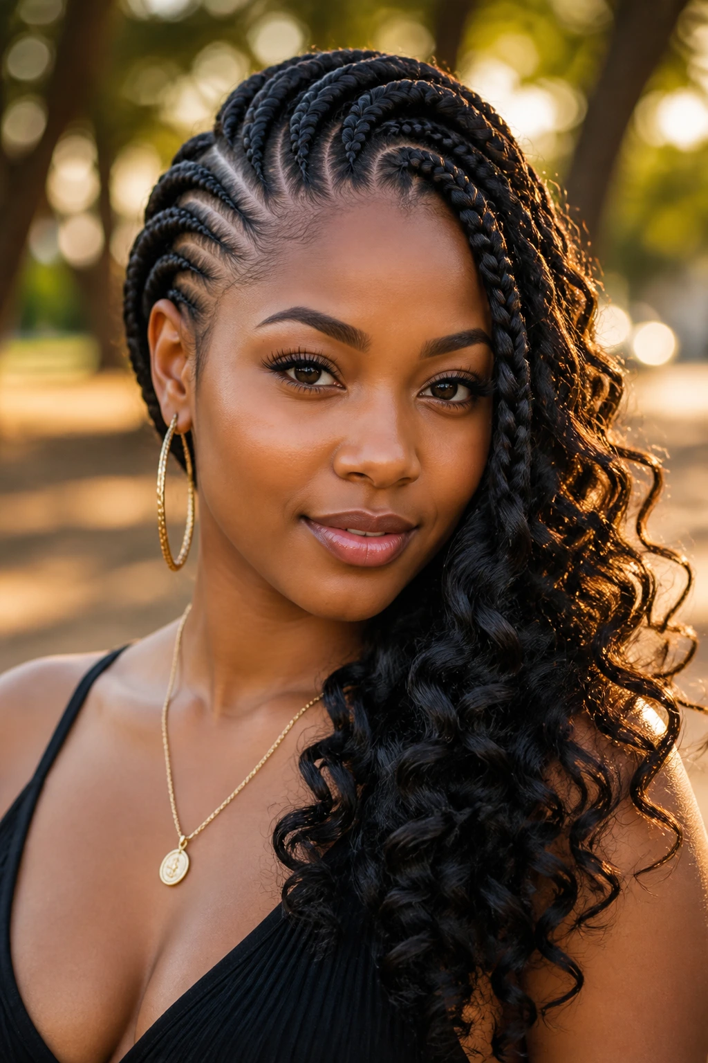 Close-up of a woman with deep side-part goddess braids and loose spiral curls