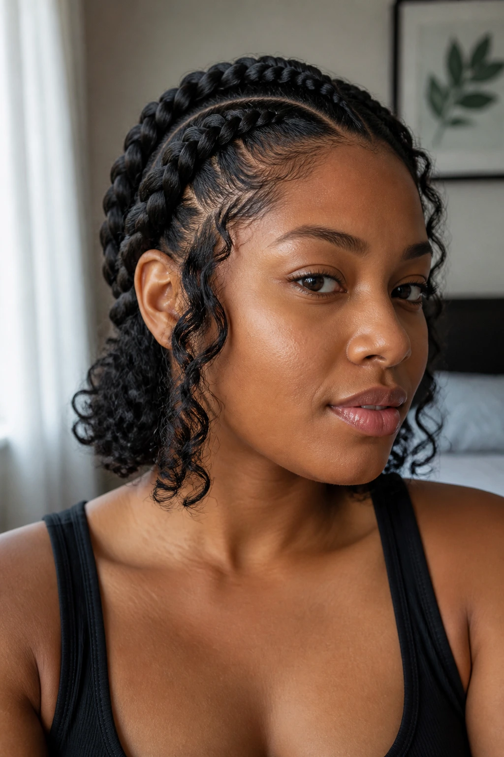 Close-up of goddess braids with curls at the jaw on a real person