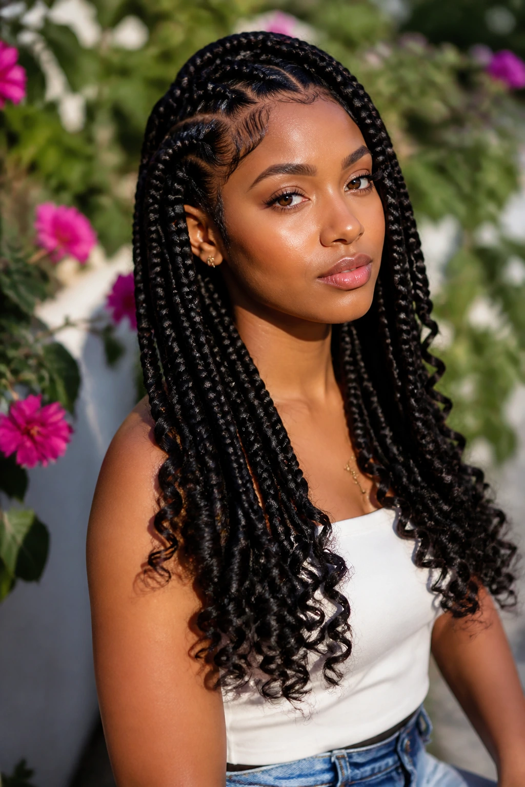 Close-up of a real woman with goddess braids ending in curls outdoors
