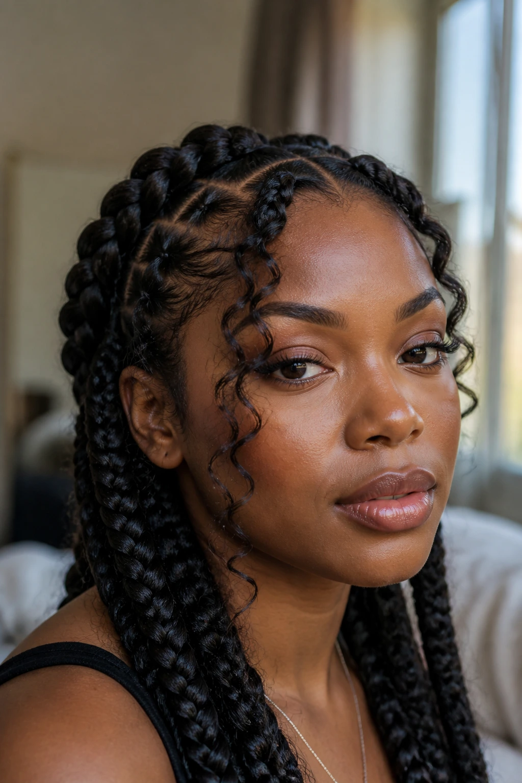 Real person wearing goddess braids with curly leave-out