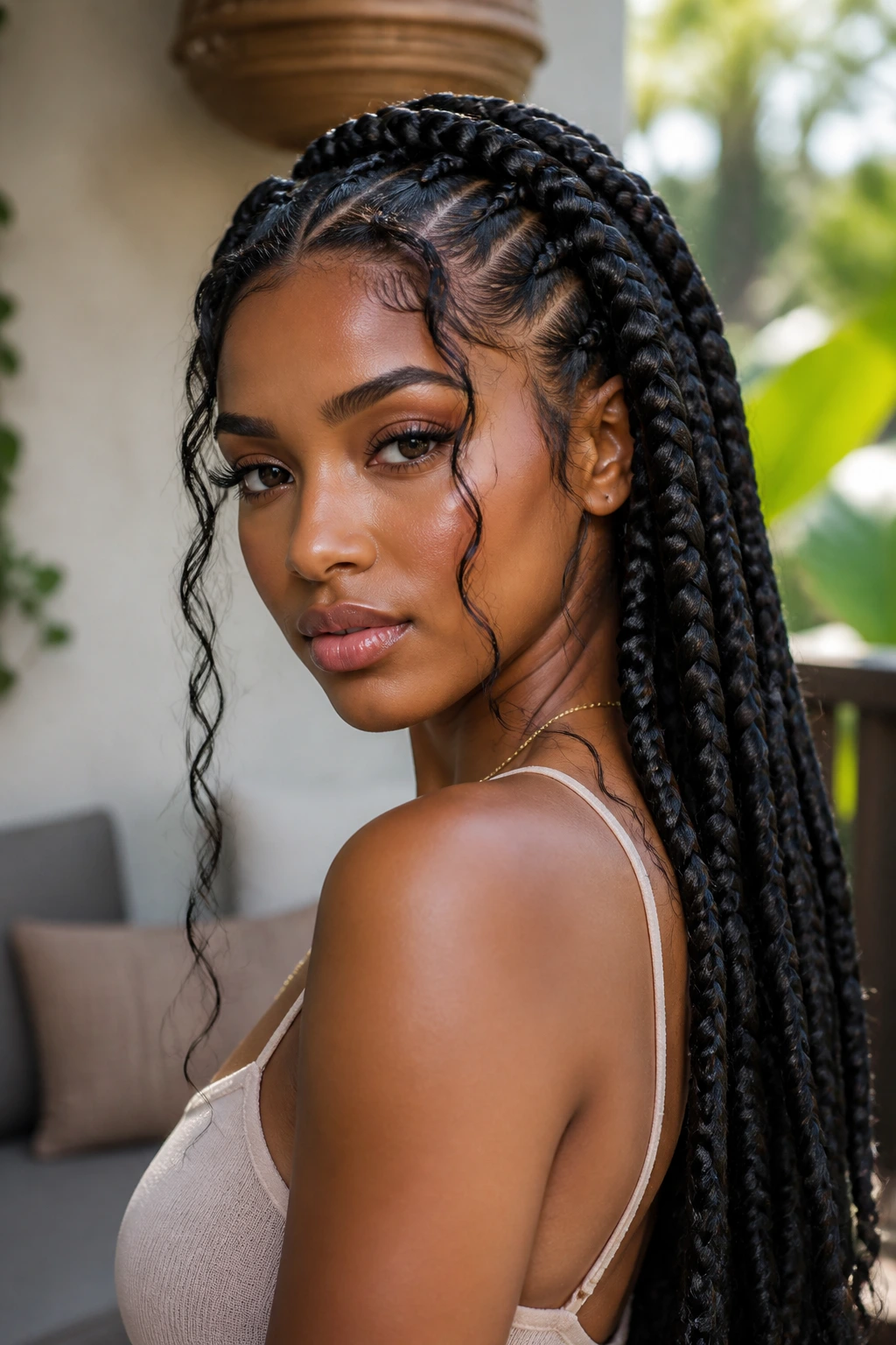Portrait of a real person with goddess braids and loose face pieces