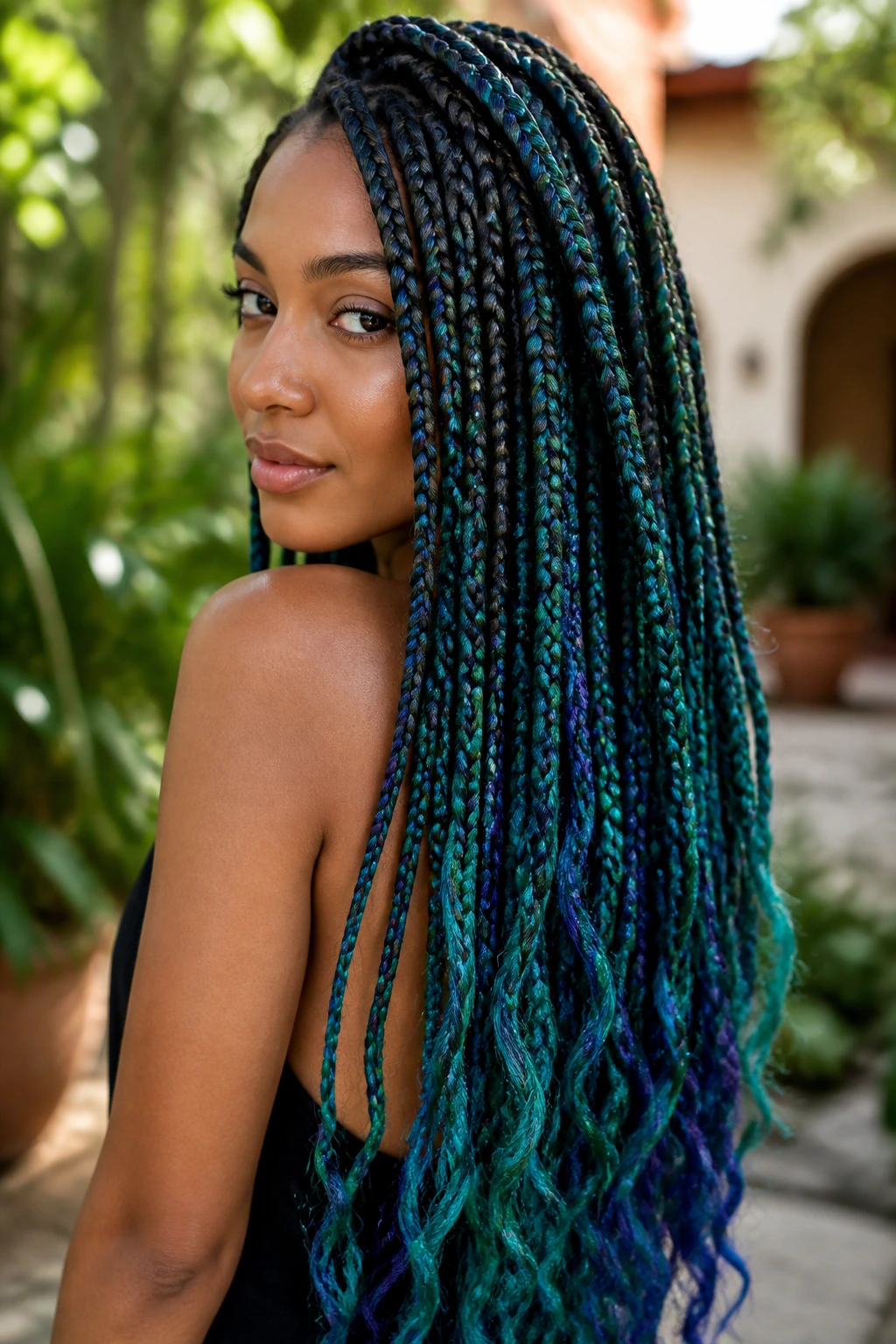 Portrait of a woman with peacock-toned goddess braids on olive skin with colored ends.