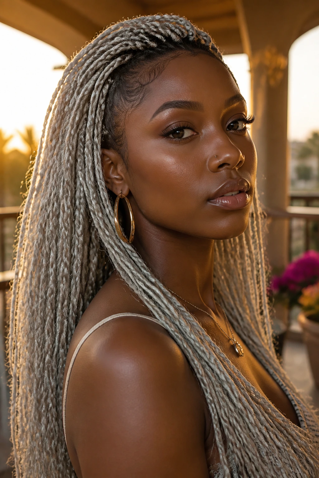 Real person with goddess braids in platinum gray, close-up.