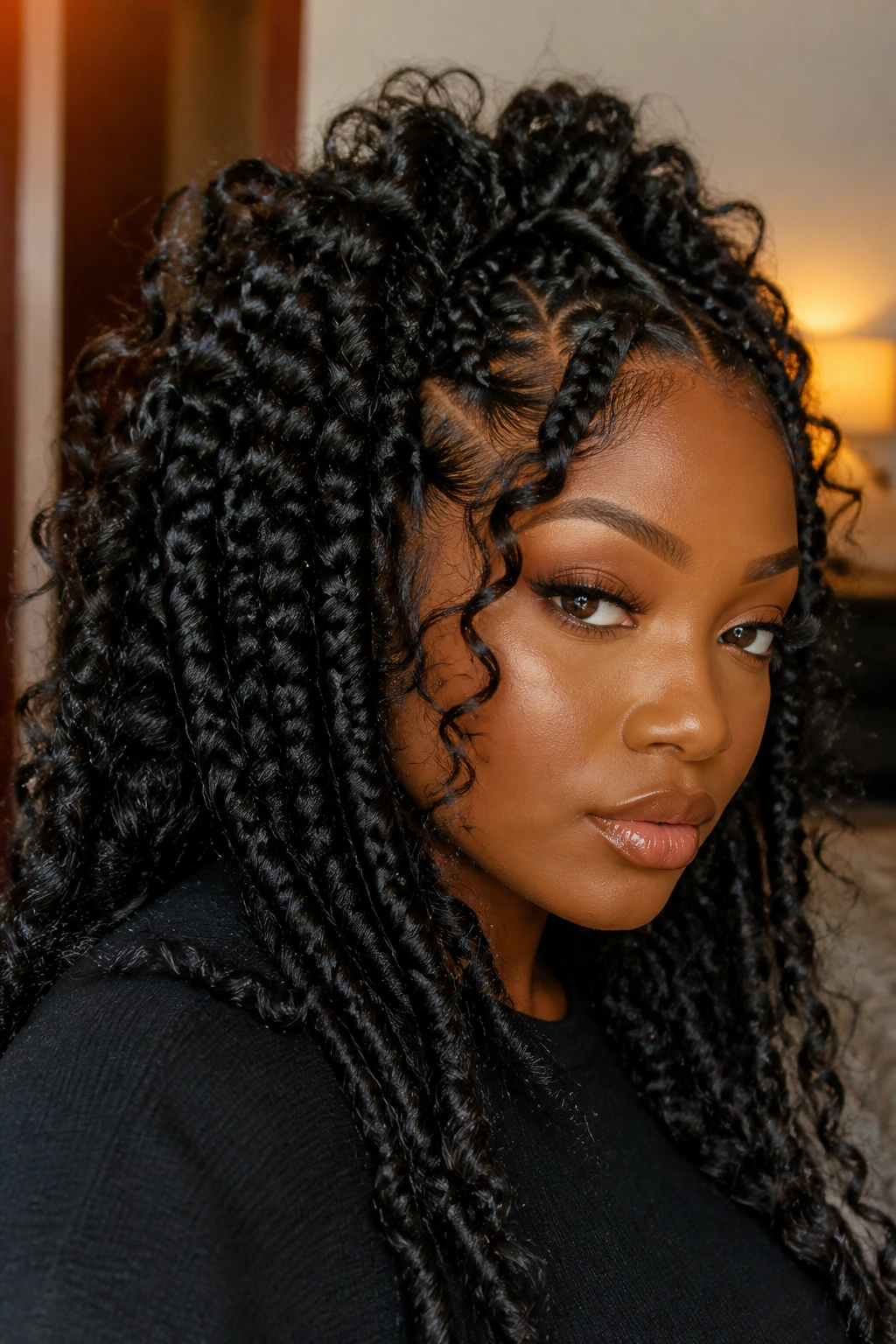Close-up of goddess braids with scattered curls on a real woman