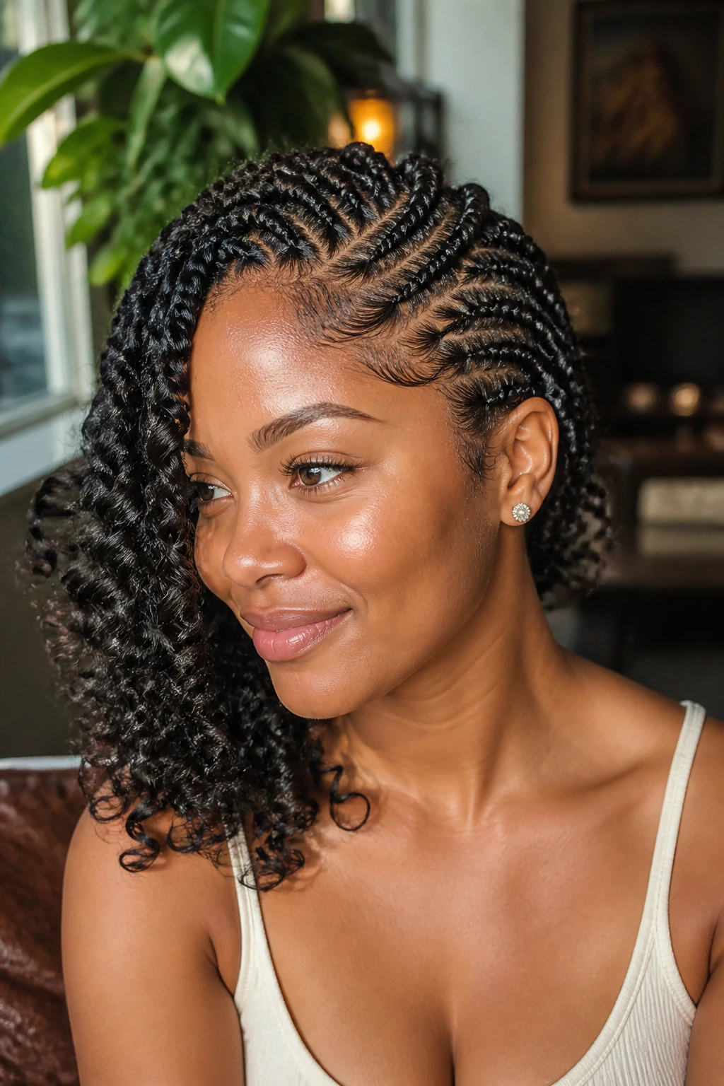 Close-up of a real person with side-part goddess braids and curled ends
