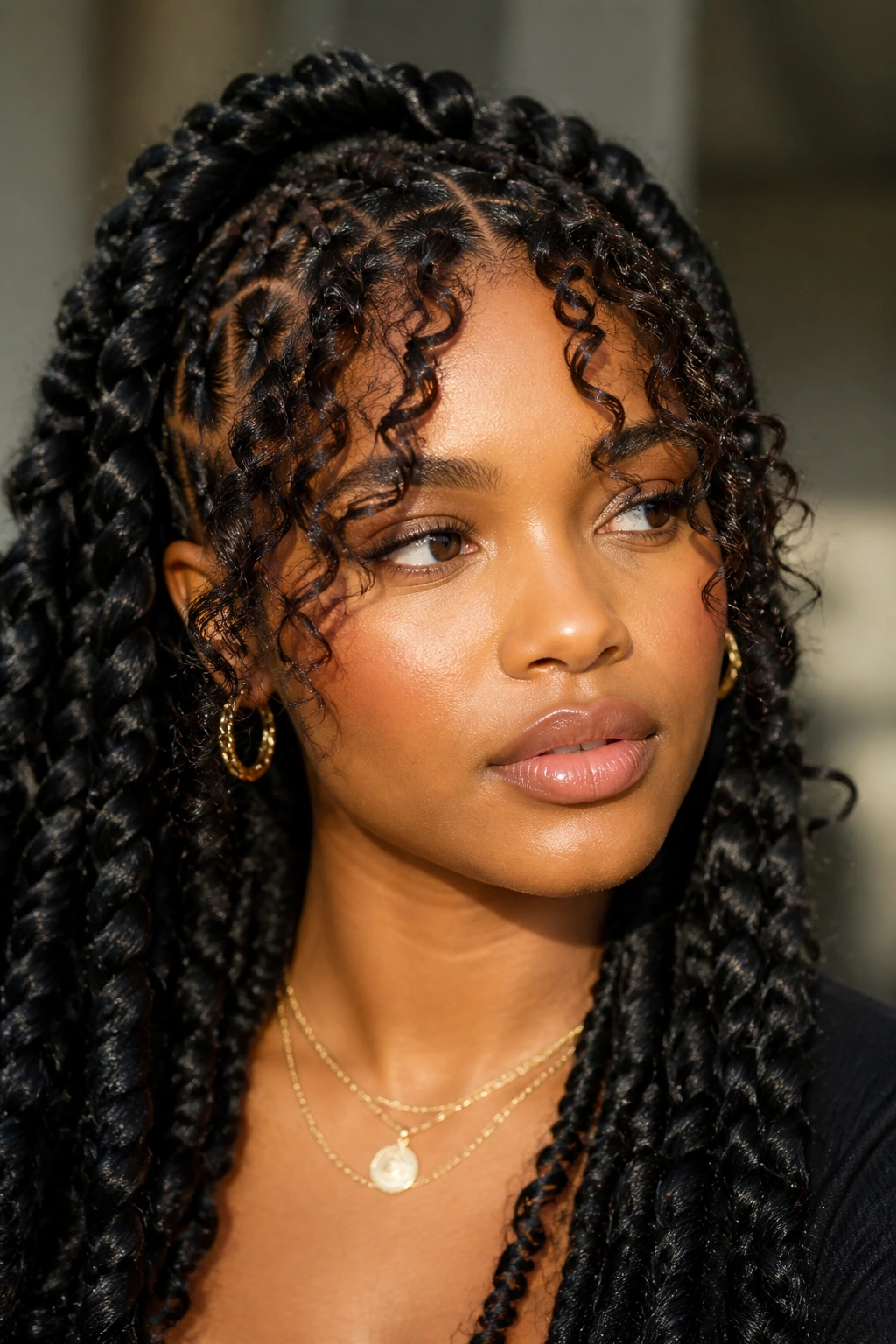 Real woman with goddess braids and loose spiral curtain bangs