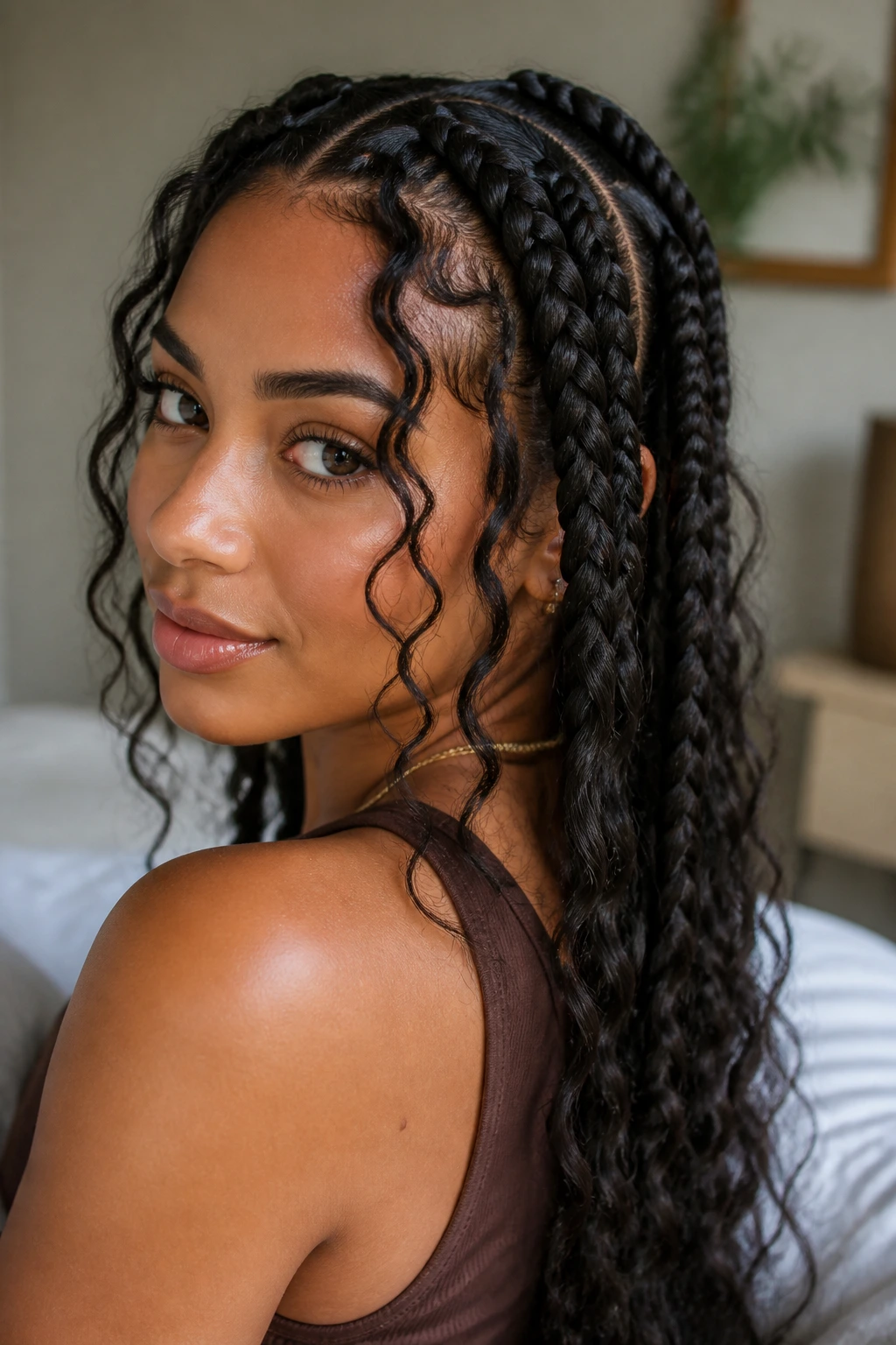 Real woman with goddess braids and wavy tendrils around the face in soft window light