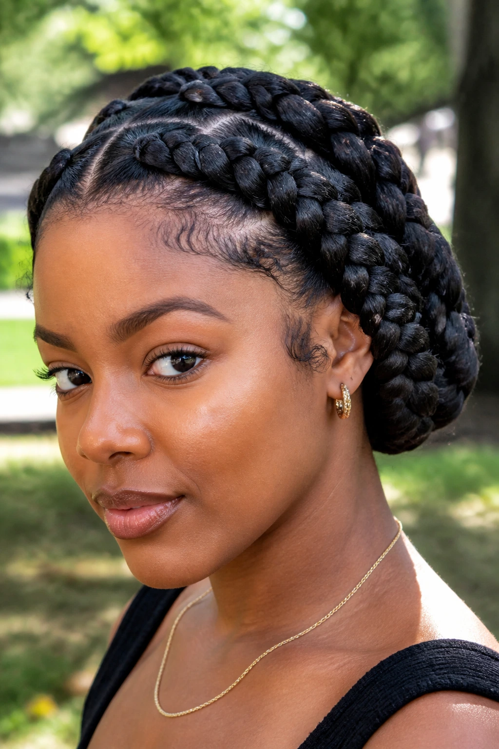 Close-up of a real woman with goddess braids and tucked ends in a sunlit park.