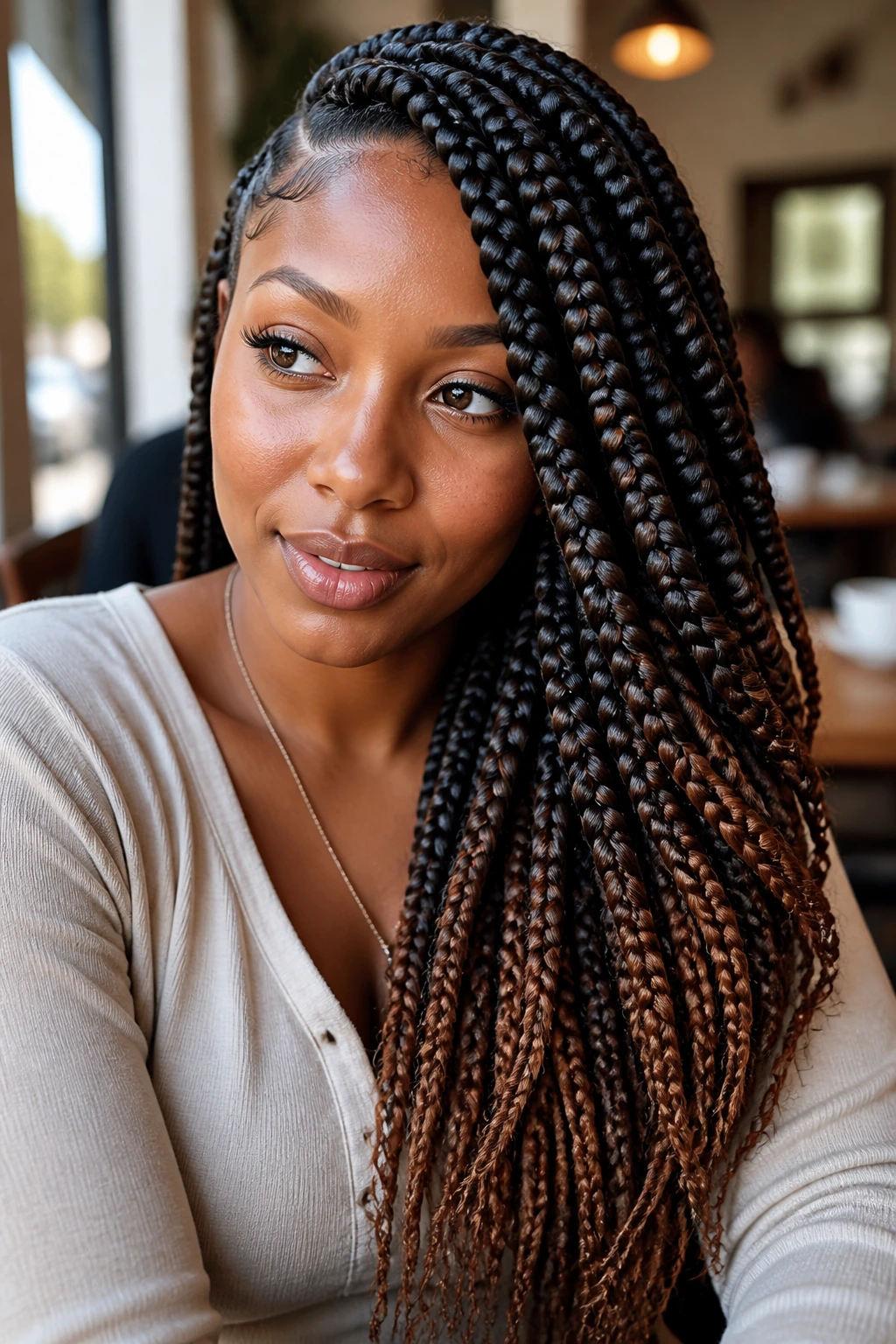 Close-up of side-swept goddess braids with walnut ends on a real person