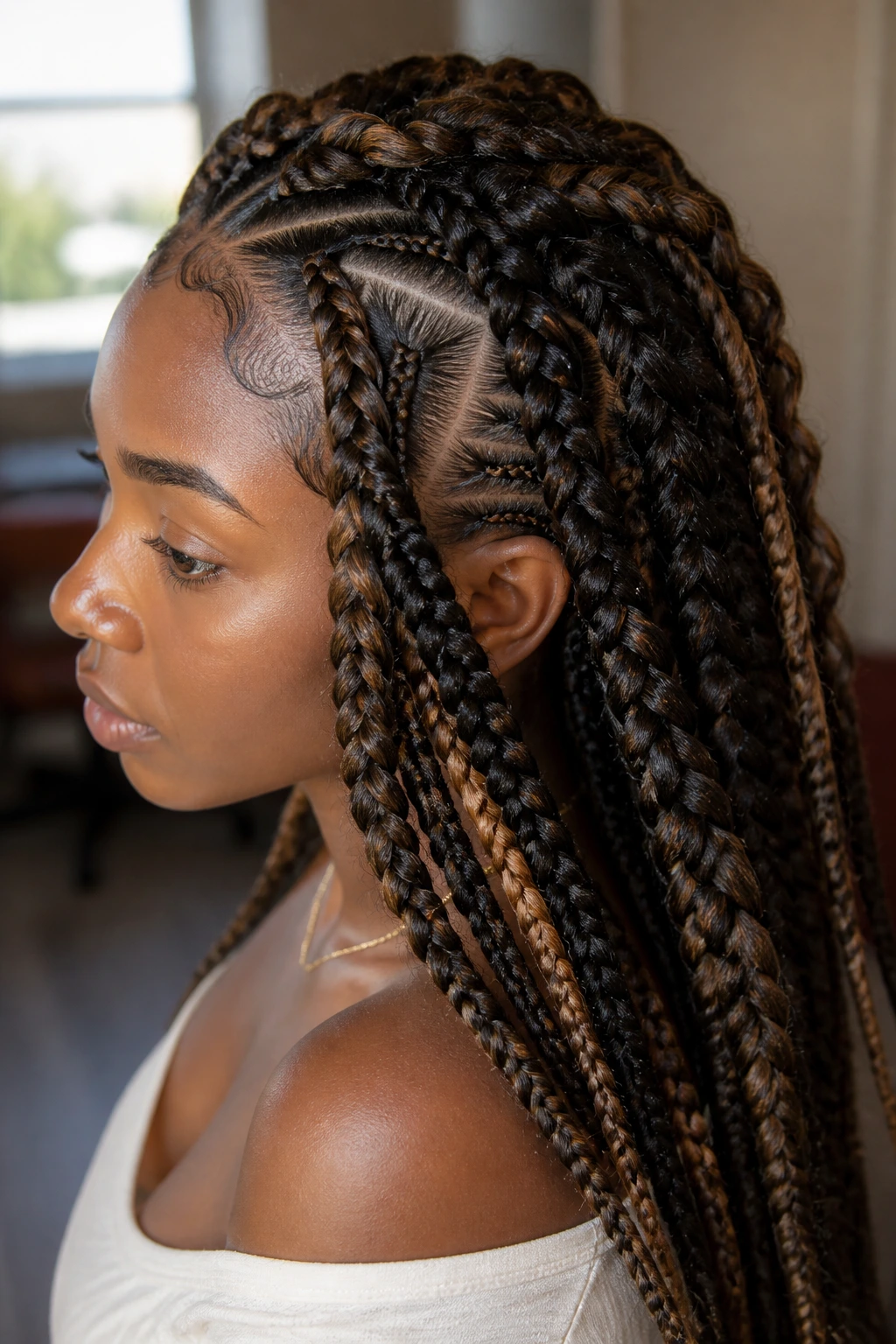 Close-up of a real woman with goddess braids and walnut lowlights