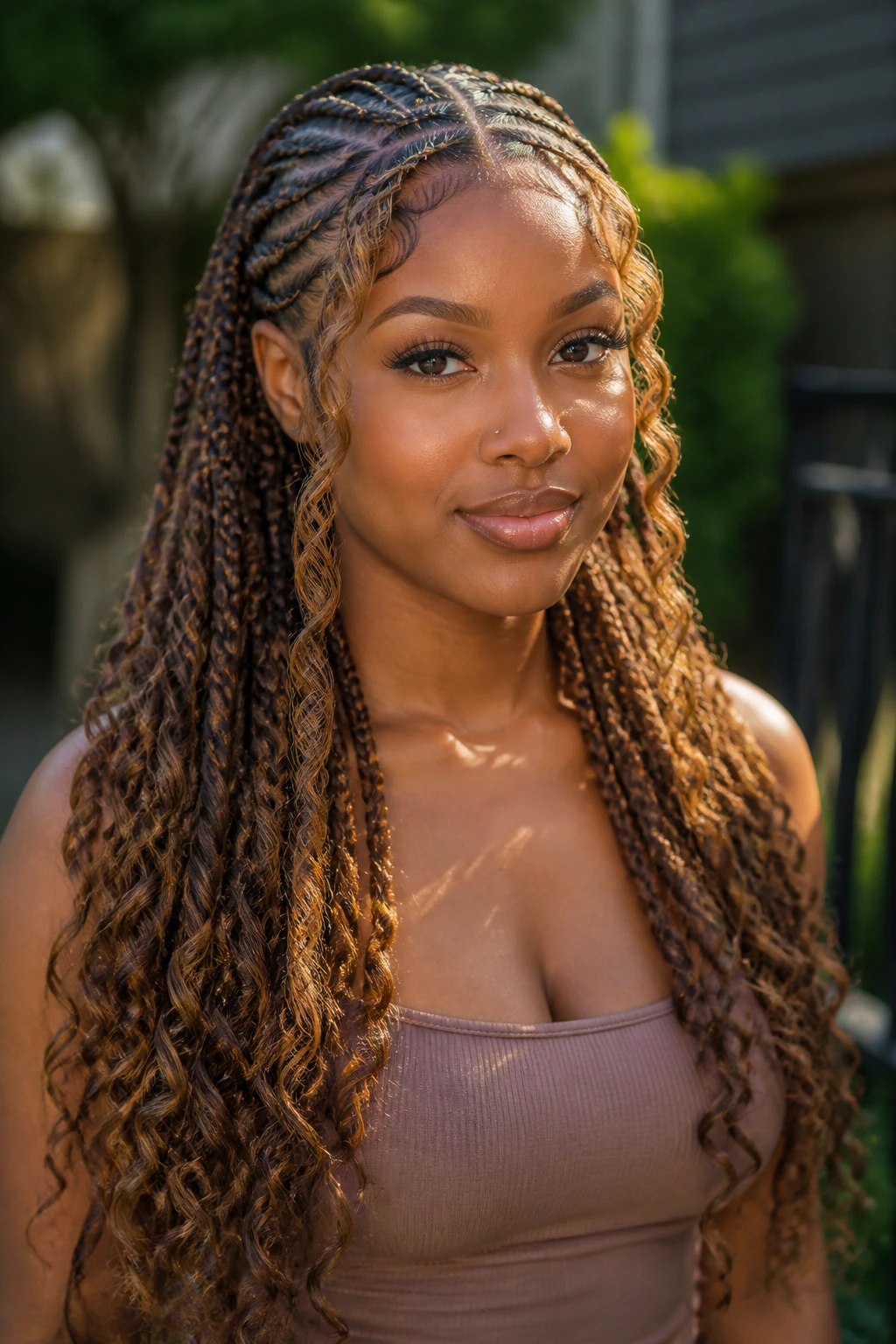 Front-facing portrait of Goddess Cornrows with Curled Ends and Light Front Pieces on a real person