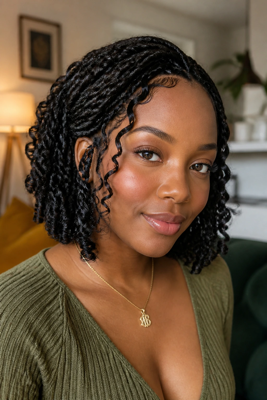Real woman with goddess crochet bob and tendrils around temples in a cozy room
