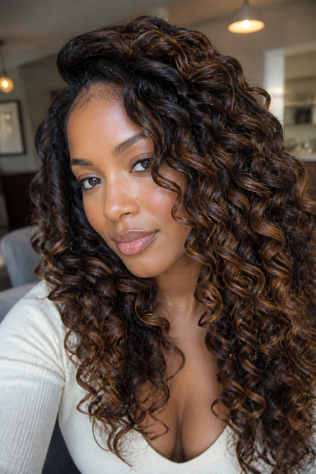 Close-up of goddess curls with warm bronze lowlights on a real person.