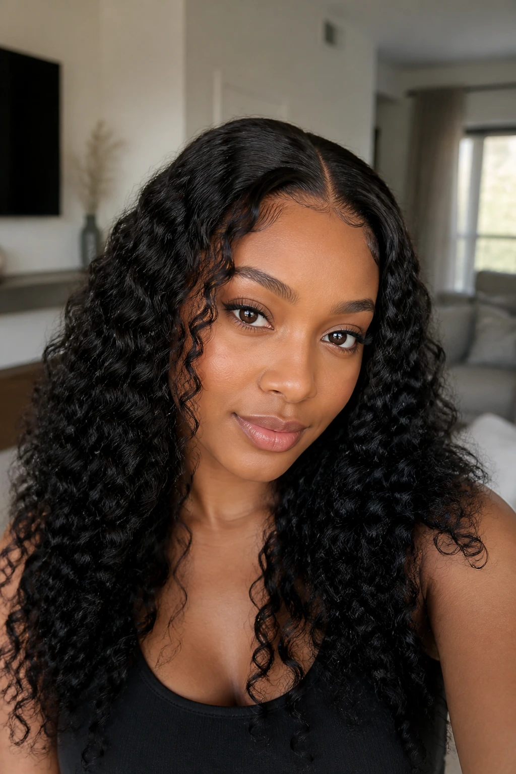 Close-up of a real woman with middle-part goddess curls and closure