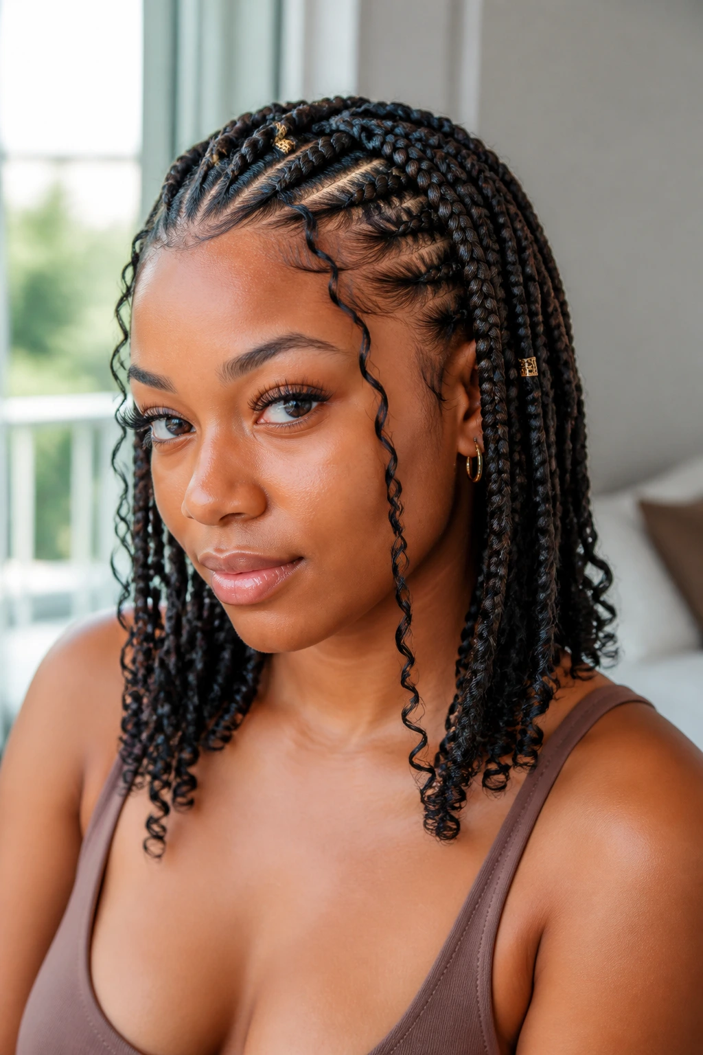Close-up of real woman with goddess knotless braids and front loose curls in bright window light