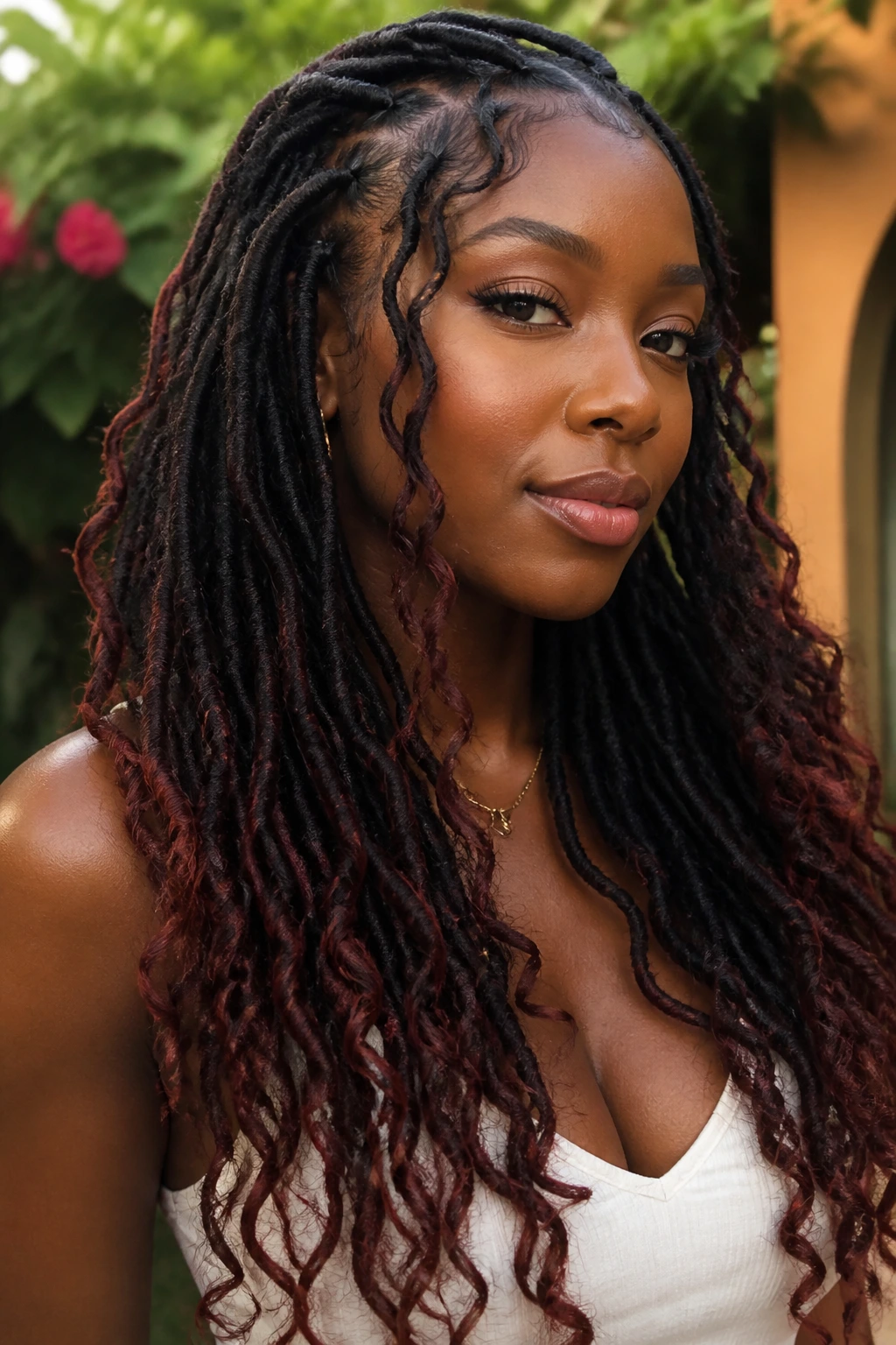 Portrait of a person with goddess locs ending in chocolate-cherry tips