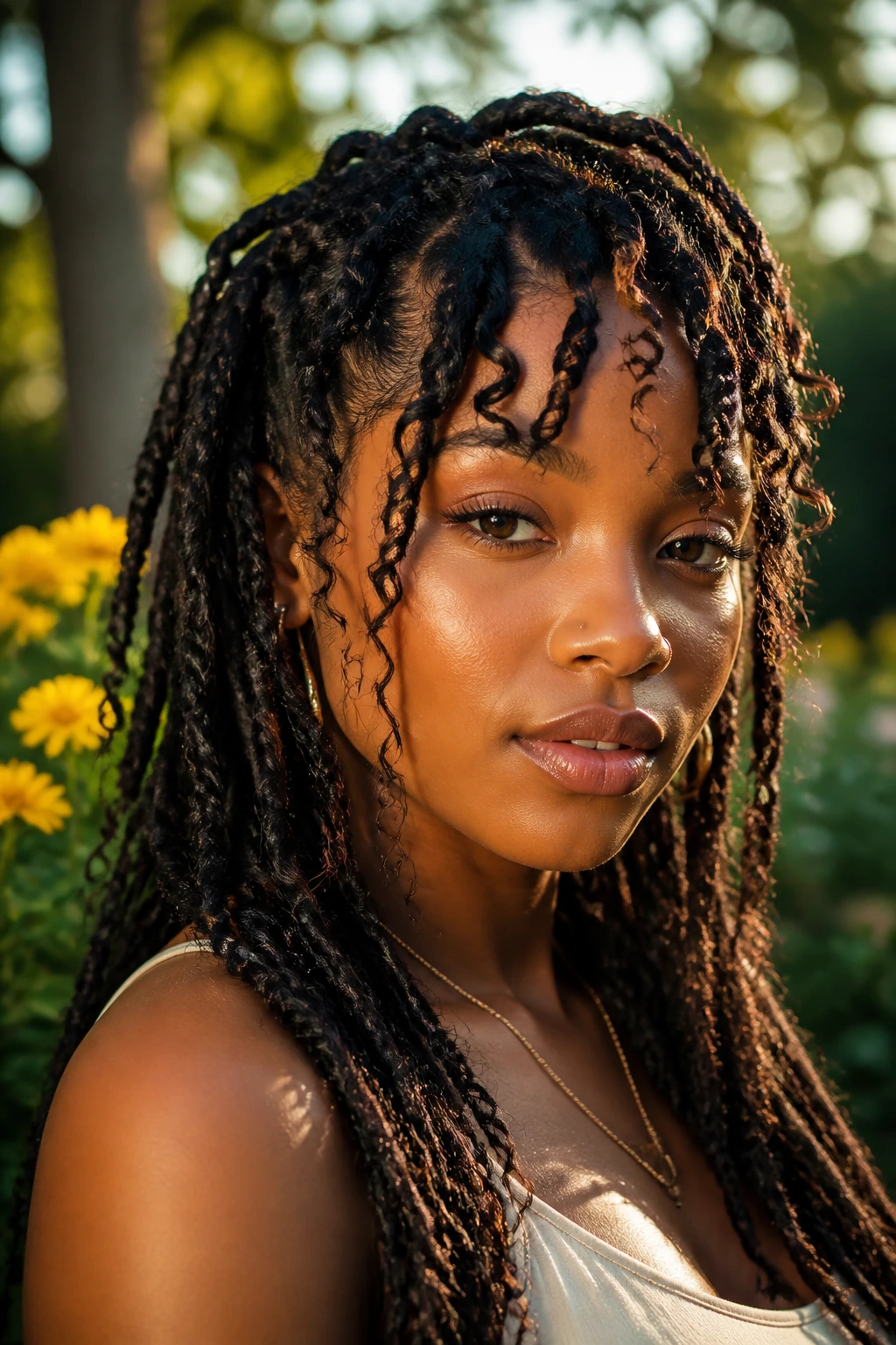 Close-up of a real person with goddess locs and layered fringe pieces in golden-hour light.