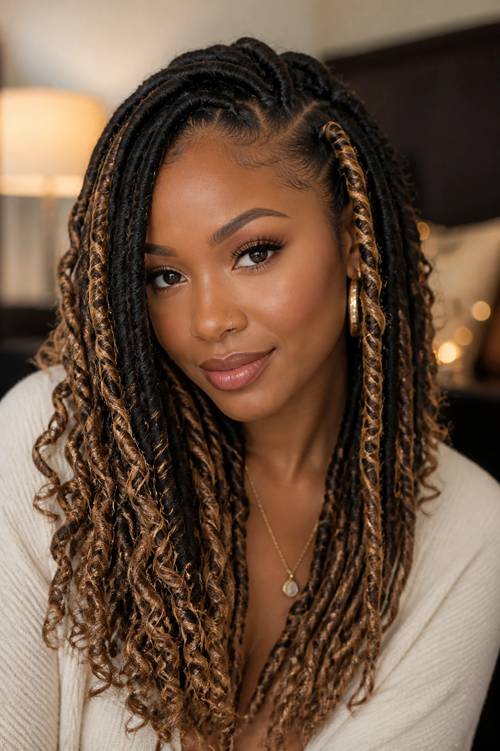 Portrait of a real person with goddess locs wrapped in honey caramel tones.