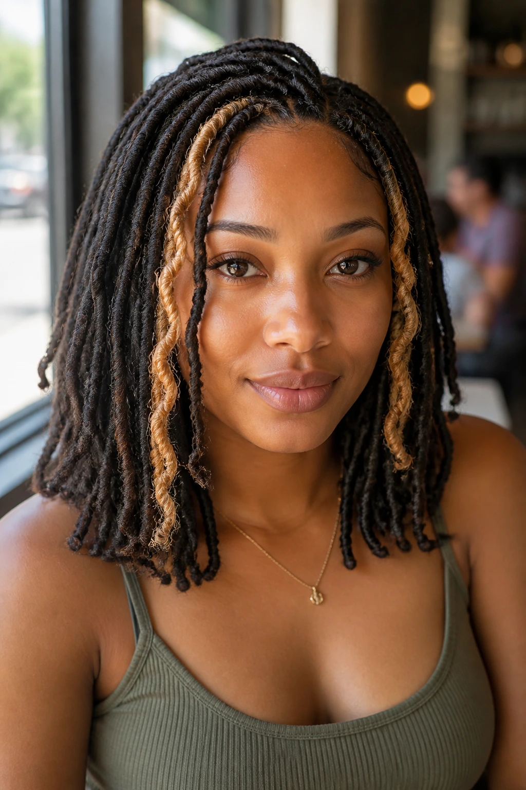 Portrait of a woman with shoulder-length goddess locs and honey front pieces