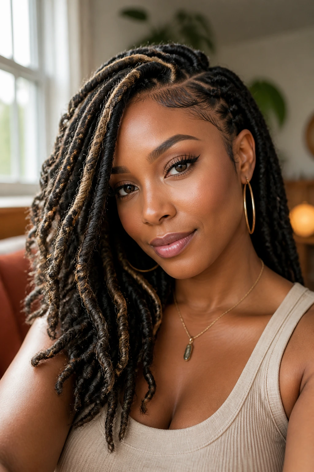 Close-up of a woman with goddess locs and a side sweep framing her face.