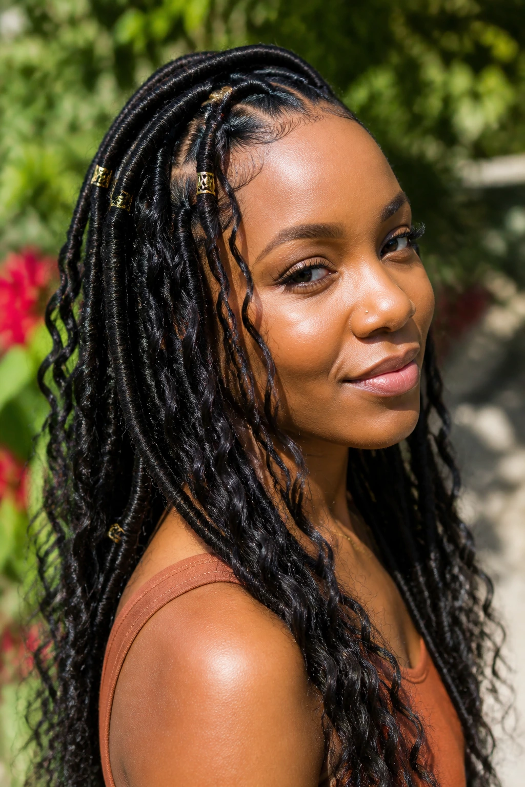 Close-up of a real woman with goddess locs and wavy ends