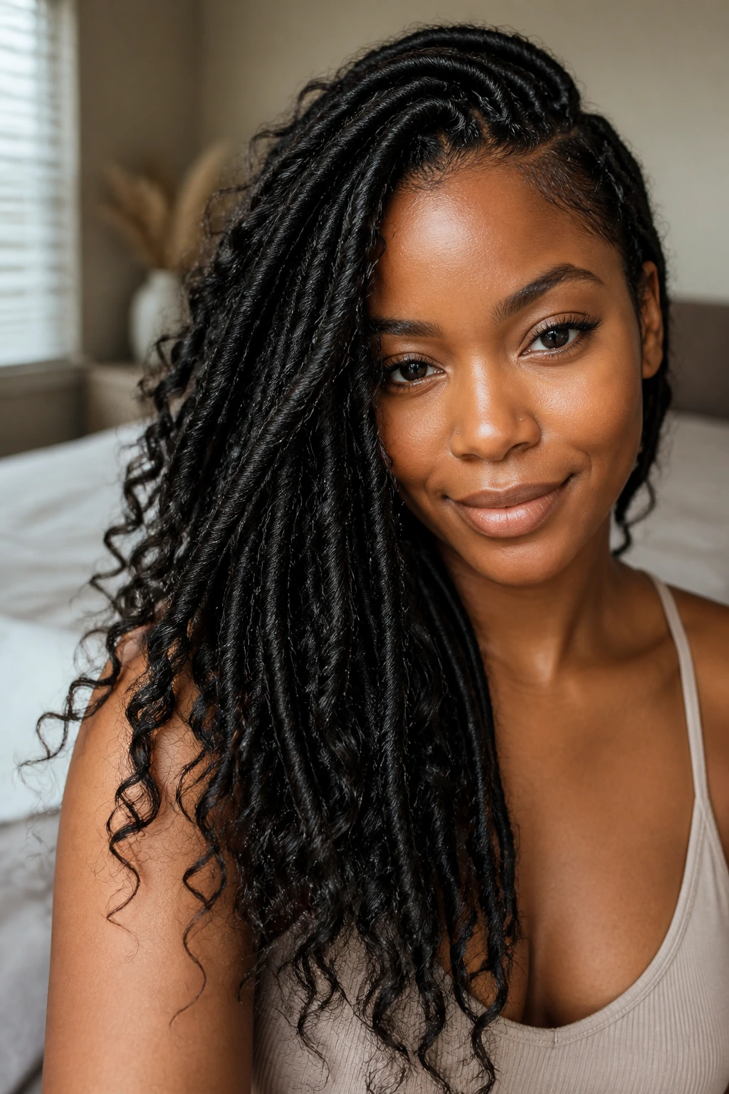 Close-up portrait of a real woman with side-swept goddess locs and wispy ends.