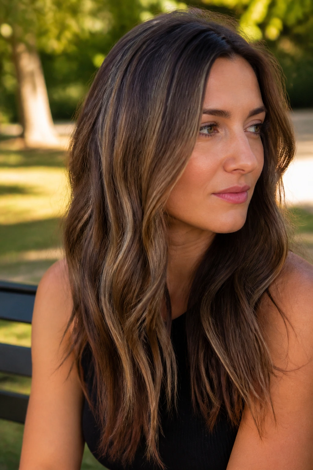 Close-up portrait of a real woman with gold babylights on cool brown hair