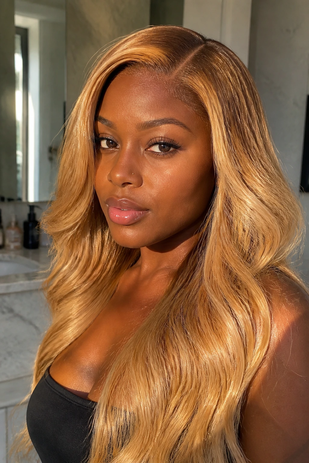 Close-up of a real person with glossy gold blonde hair in a warm bathroom setting