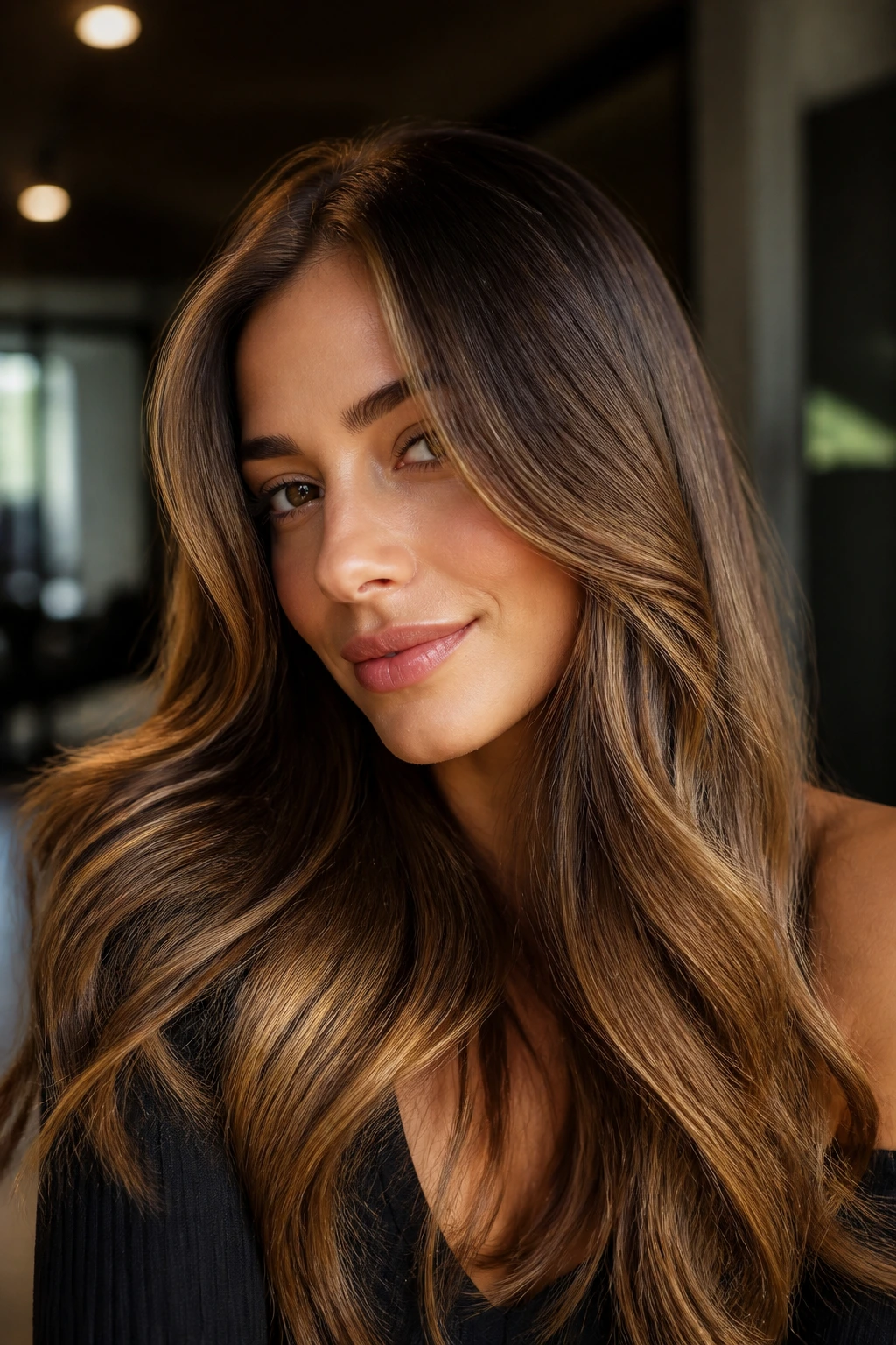 Brunette with gold brown hair in natural light