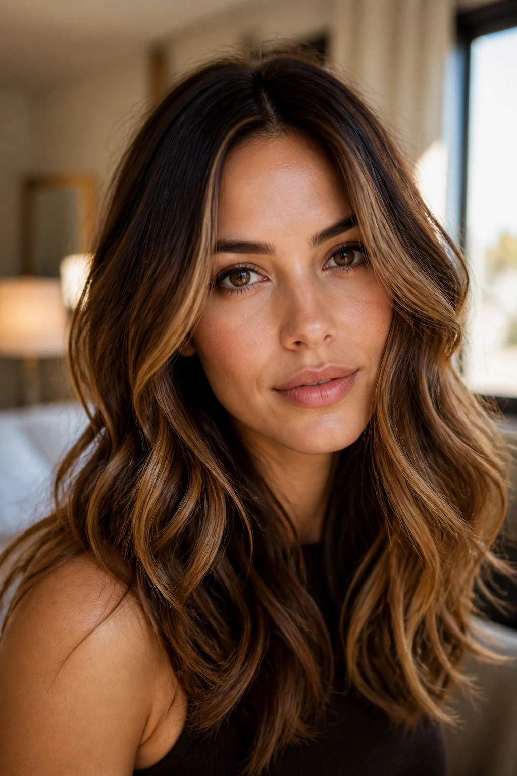 Close-up portrait of hair with gold-brown dimension and front face-framing waves