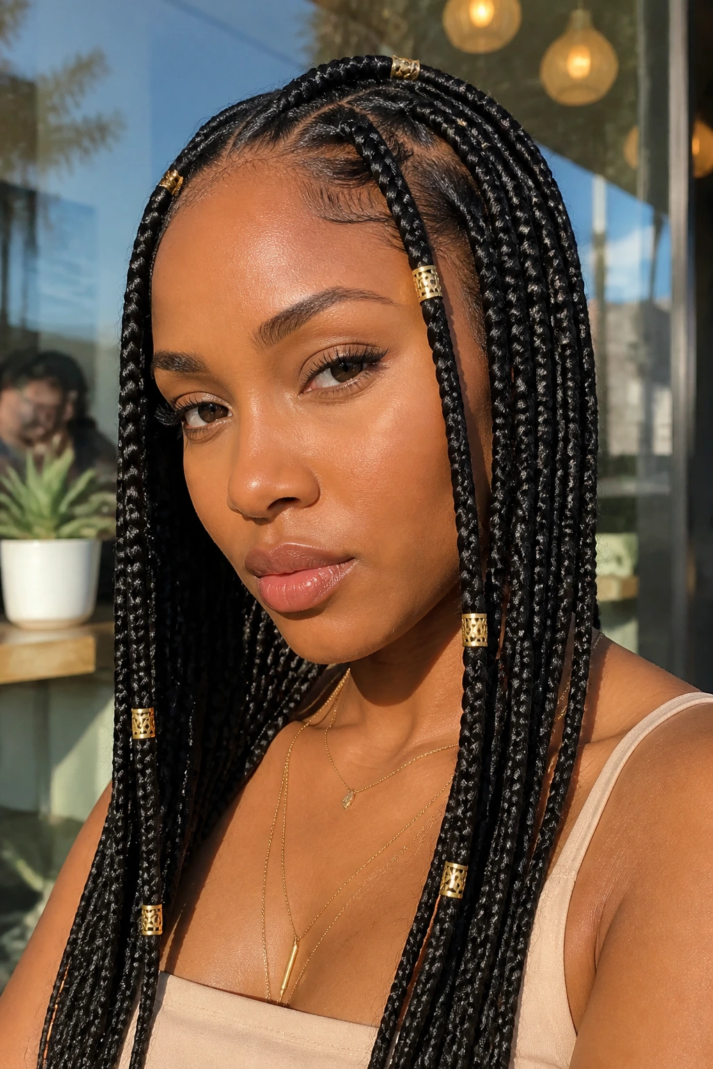 Close-up of a real person with gold cuffs on braids in a cafe setting