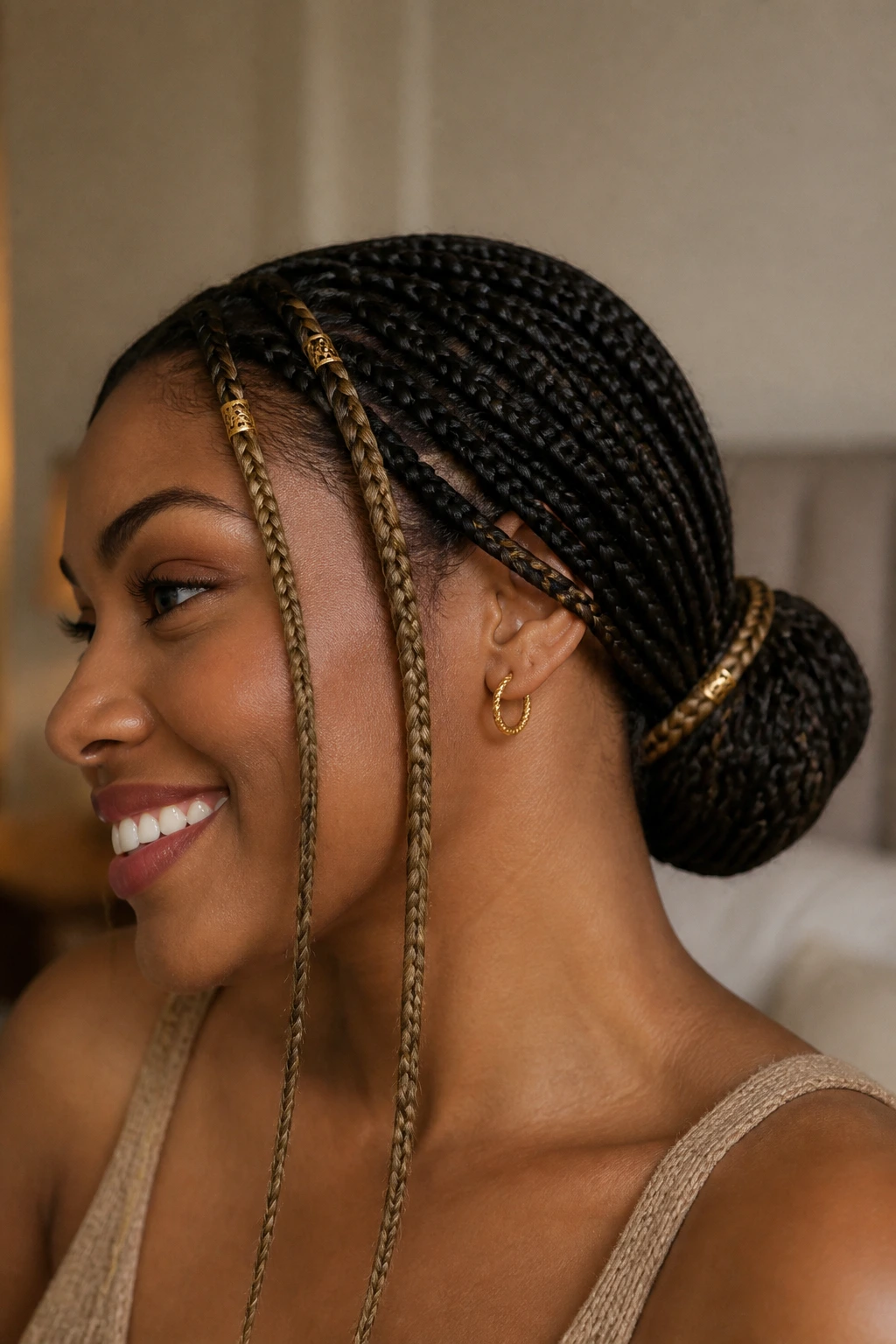 Real woman wearing a low bun with gold cuffs on front braids.