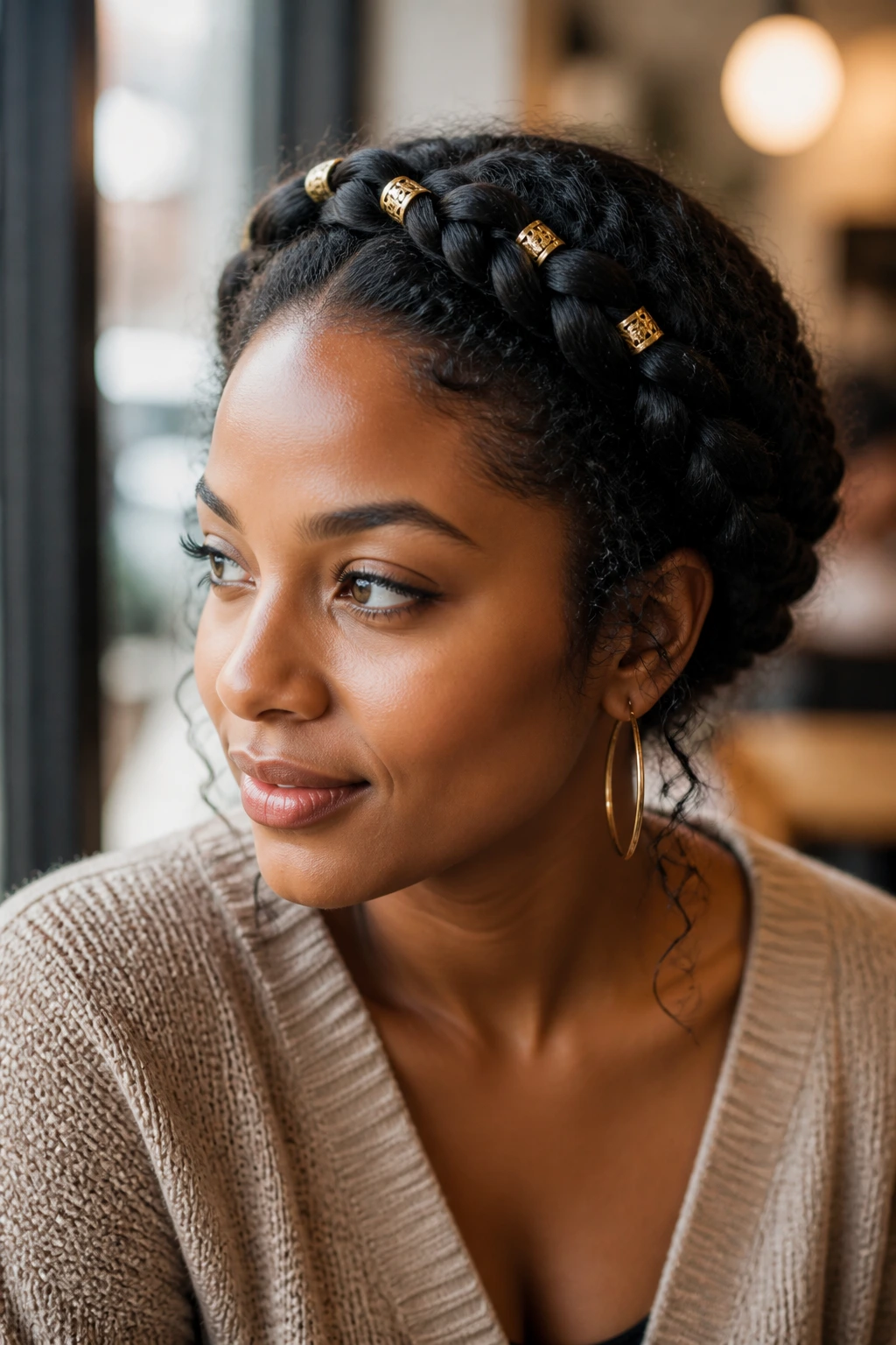 Close-up portrait of a real woman with crown braid and gold cuffs