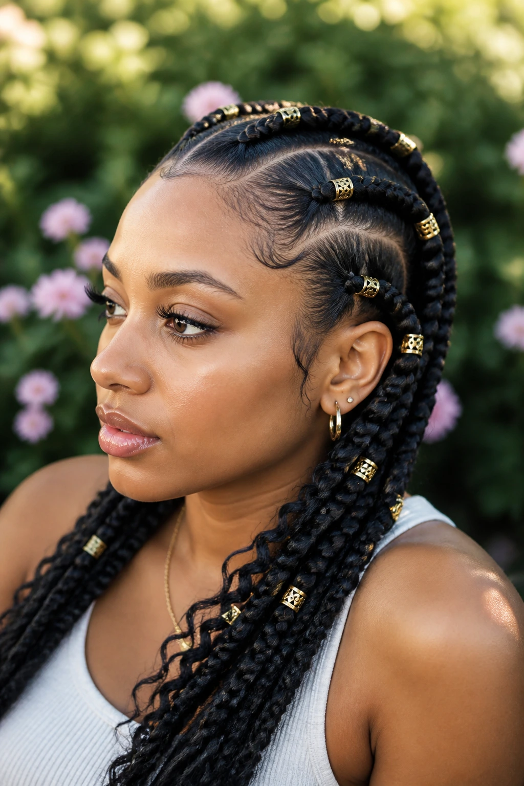 Portrait of a real woman with gold-cuff double Dutch braids in natural light