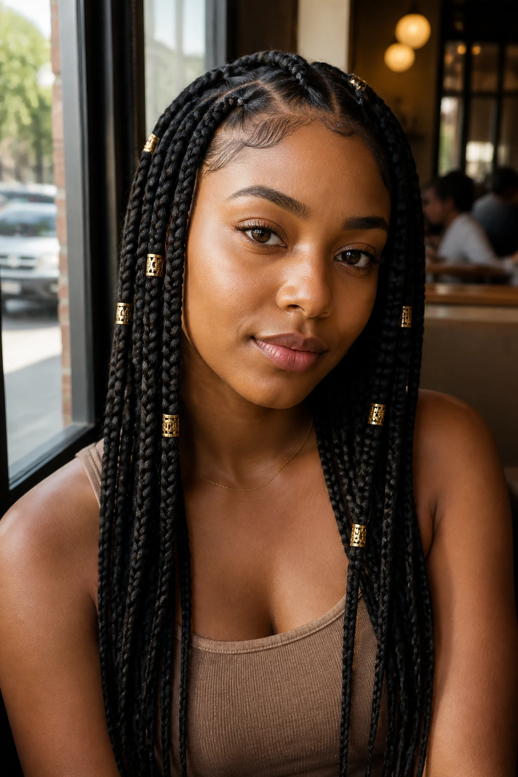 Close-up of a real woman with gold cuffs on mid-length braids
