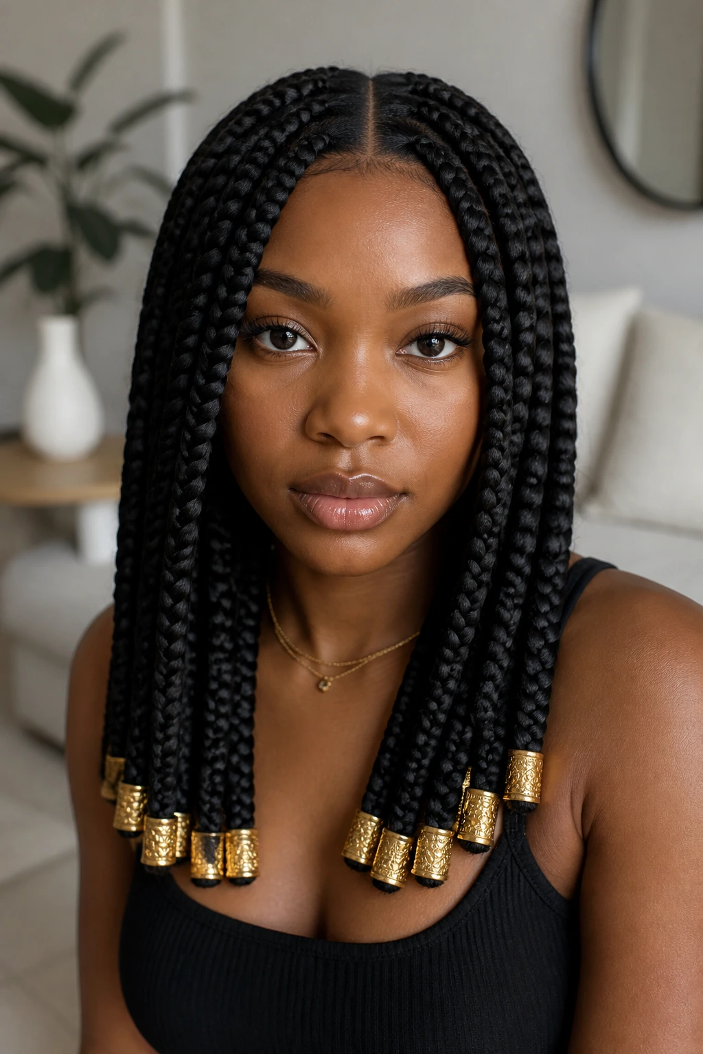 Real person with gold cuffs on braid ends and a clean center frame