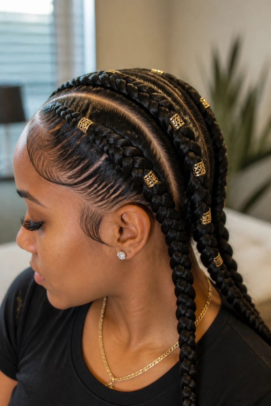 Close-up portrait of a real person with two Dutch braids and gold cuffs along the braid length.