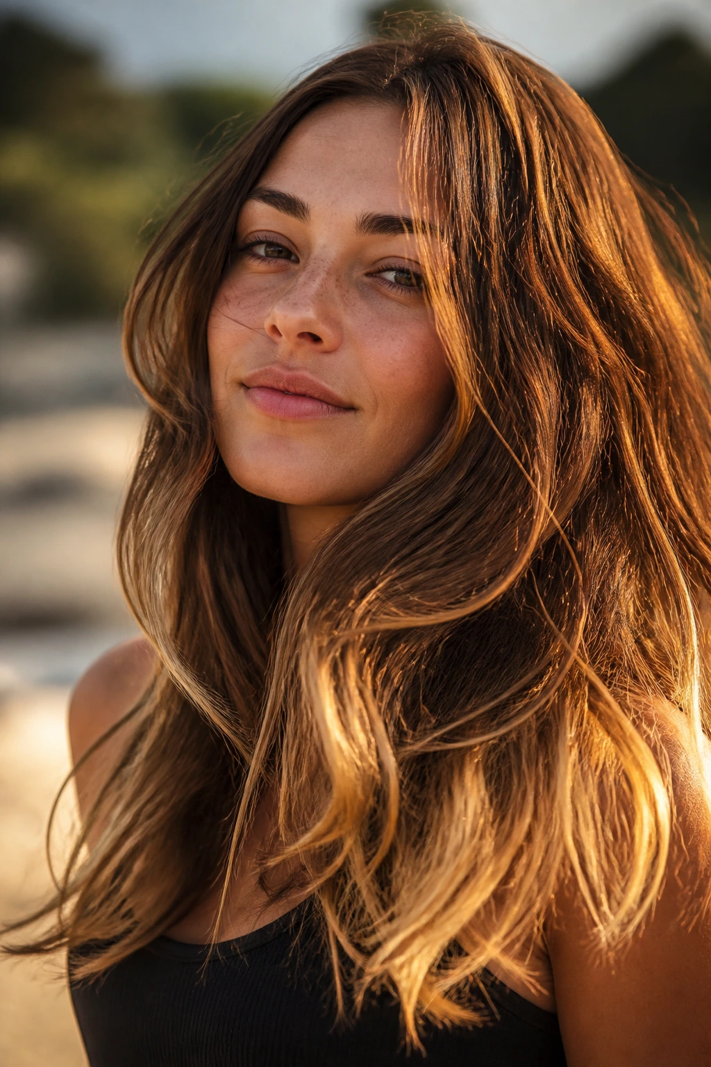 Close-up of long hair with gold-dipped ends in sunlight