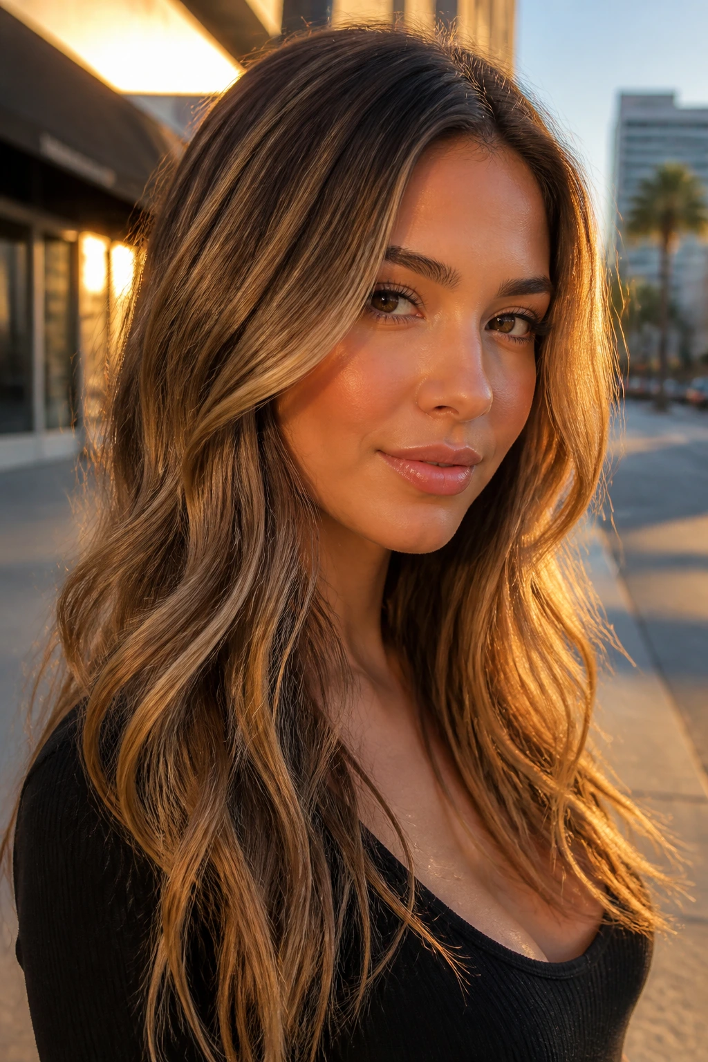 Close-up of brunette with gold dust blonde babylights catching light.