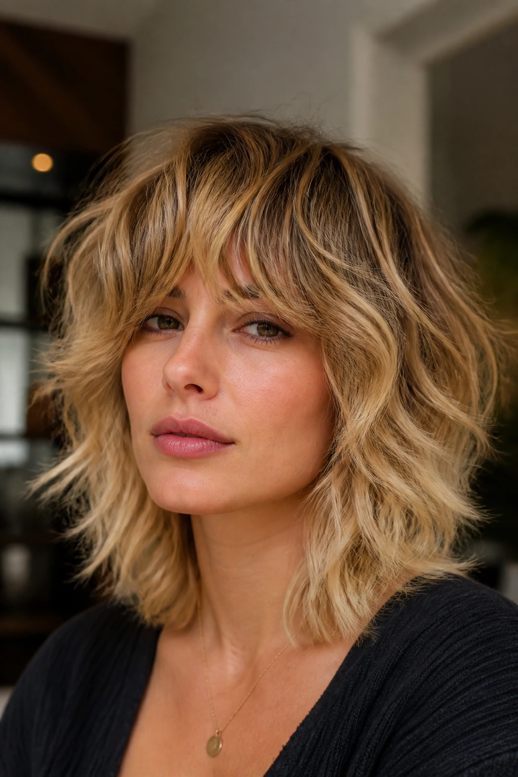 Portrait of a real woman with a wavy shag and gold dust tips