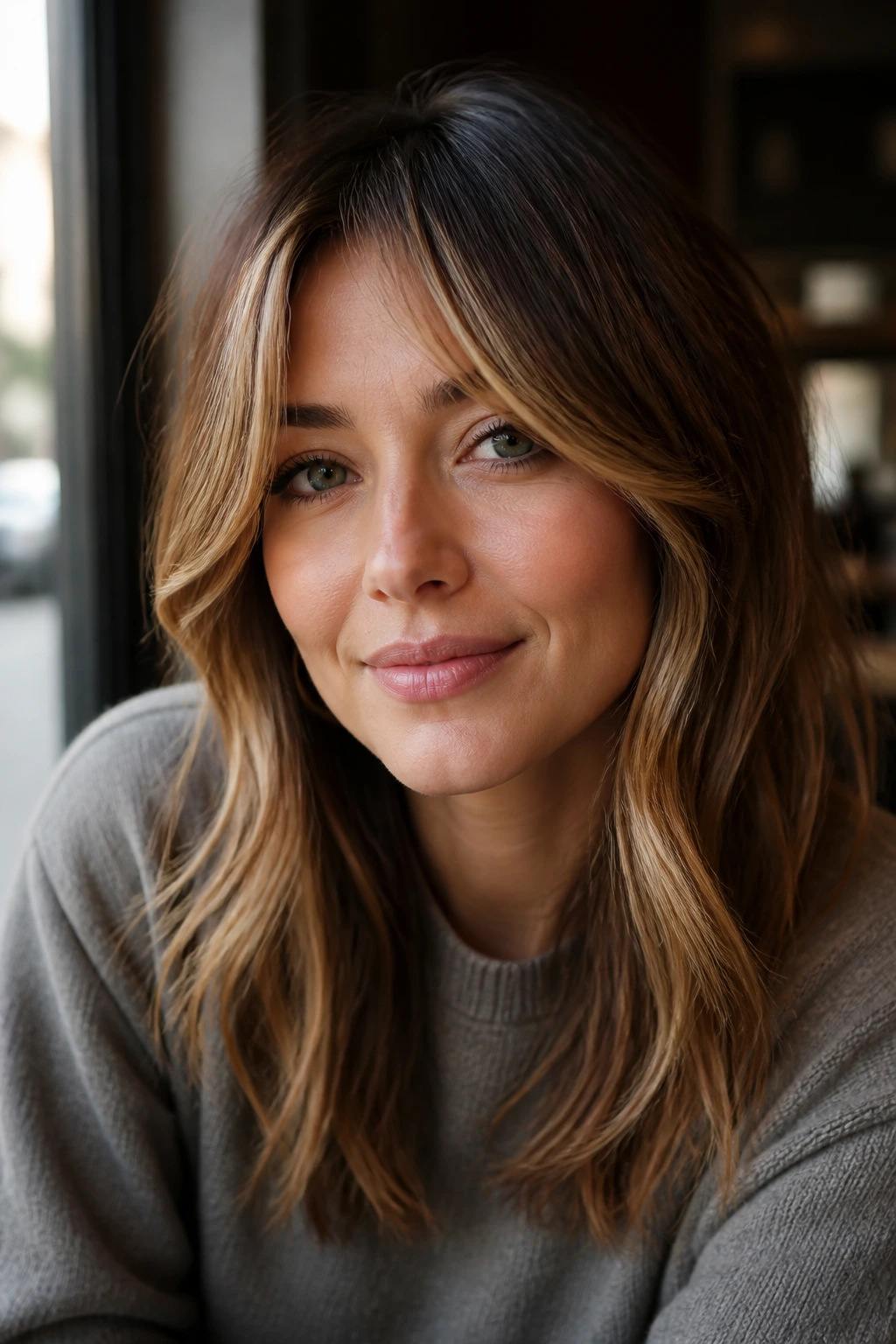 Close-up portrait of real person with gold-dusted curtain bangs framing the face